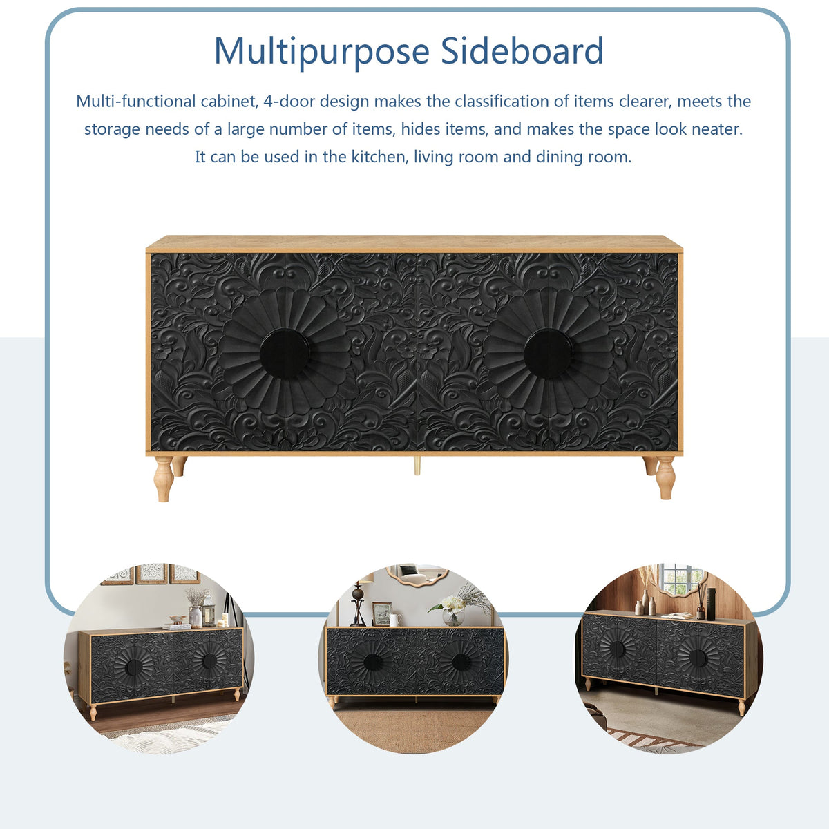 Black Carved Door TV Stand with Adjustable Shelves - Black & Natural