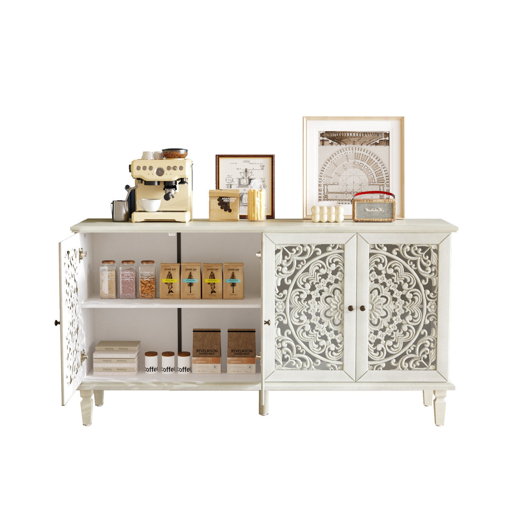 Antique Buffet Cabinet with Floral Carvings and Solid Wood Legs - Antique Grey White