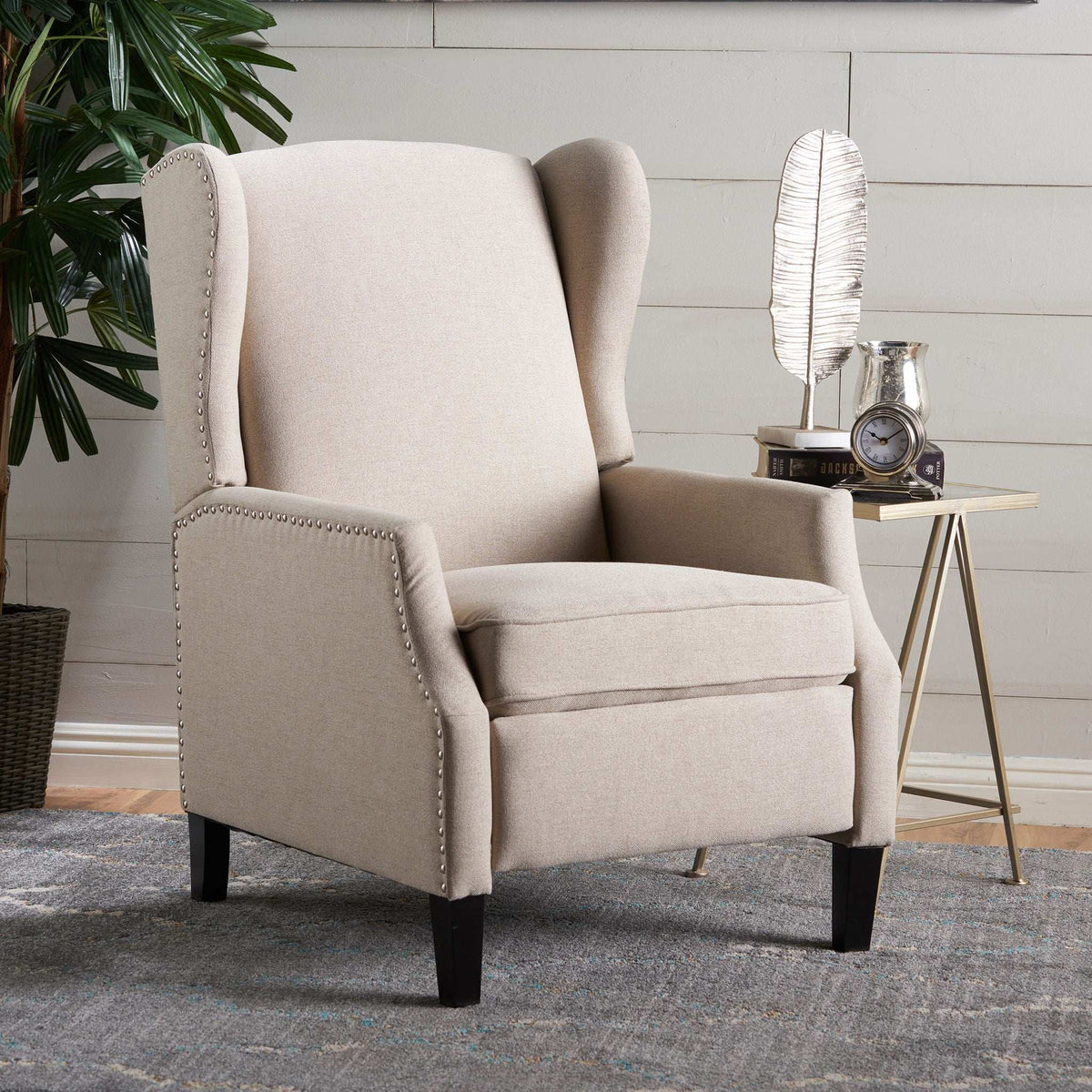 Westeros Wing Back Fabric Upholstered Recliner with Studded Trim – Multiple Colors