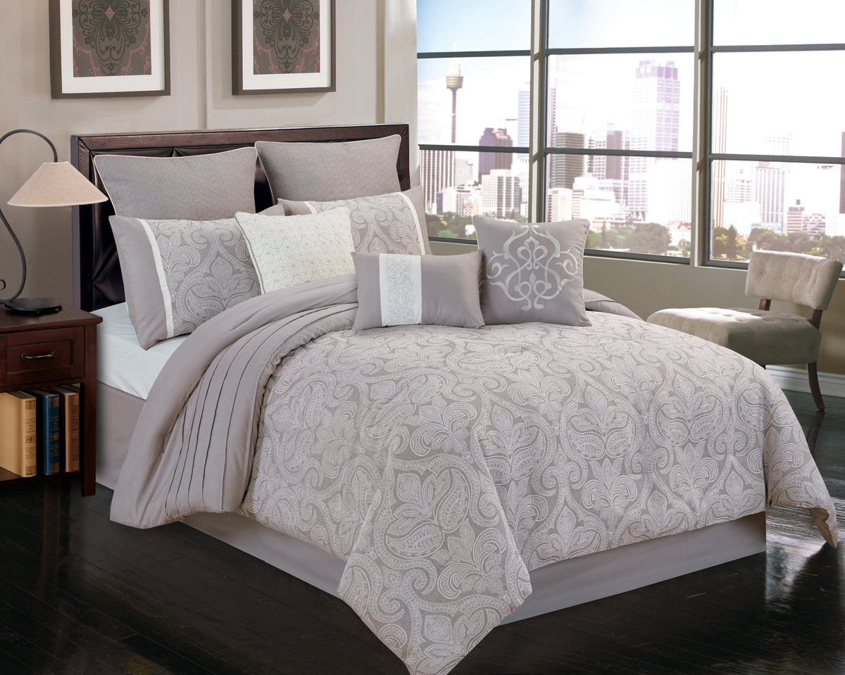 Grey Damask Jacquard 9 Piece Comforter Set with Soft Fill - Grey