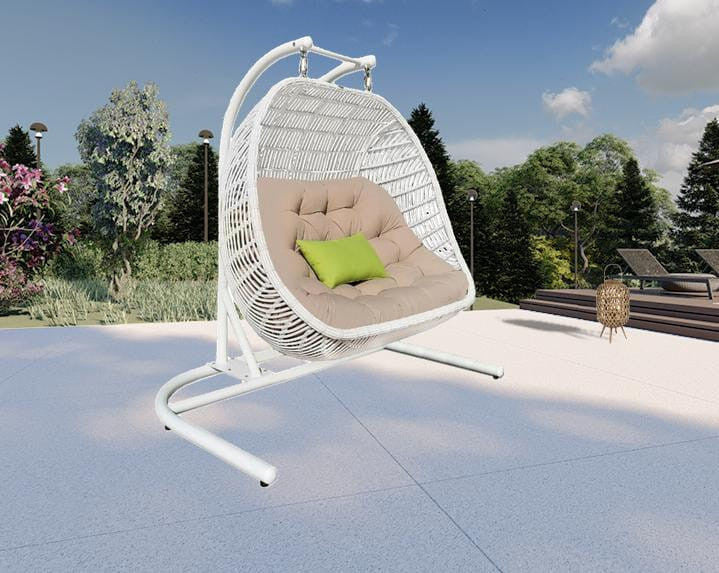 69" Beige and White Metal Indoor Outdoor Swing Chair with Beige Cushion