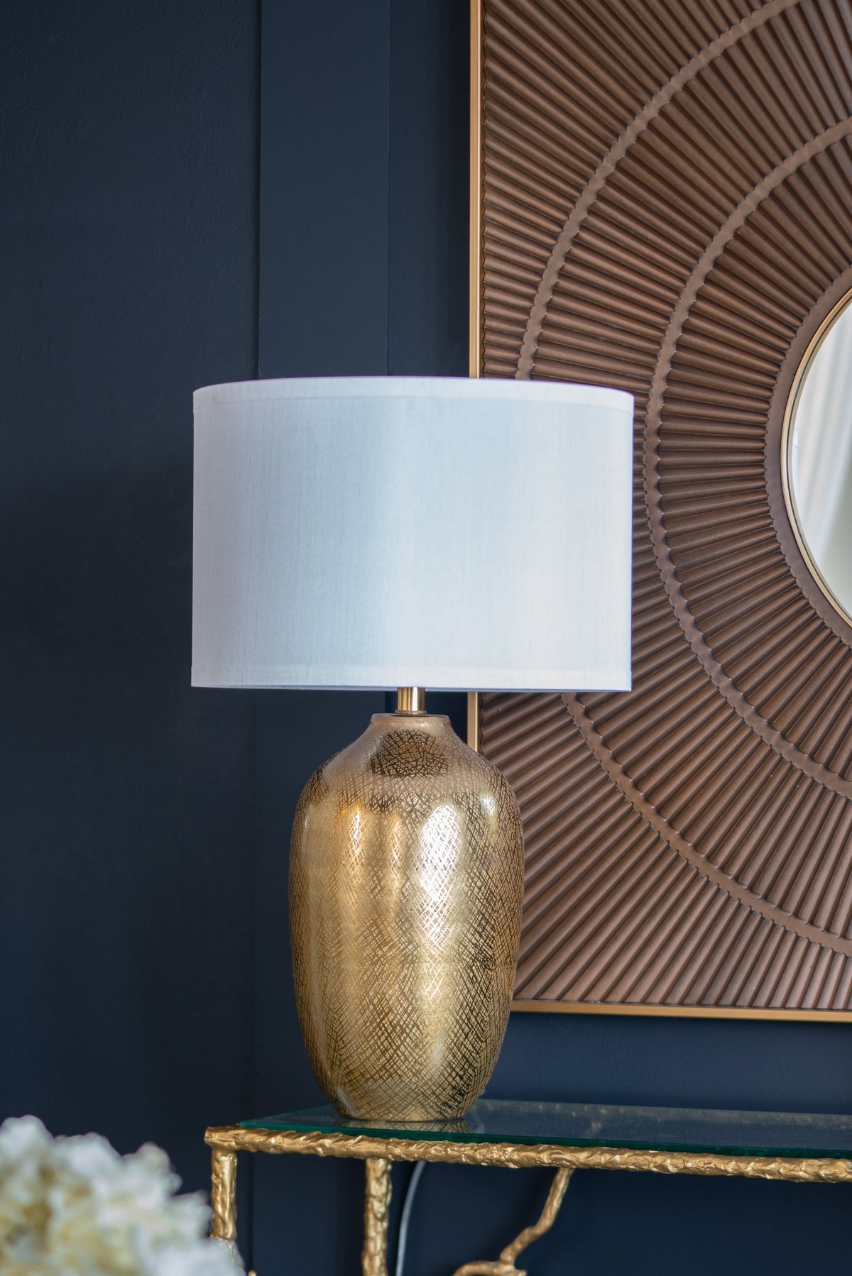 D15x25.7' Round Aluminum Sheet Gold Table Lamp with White Fabric Shade