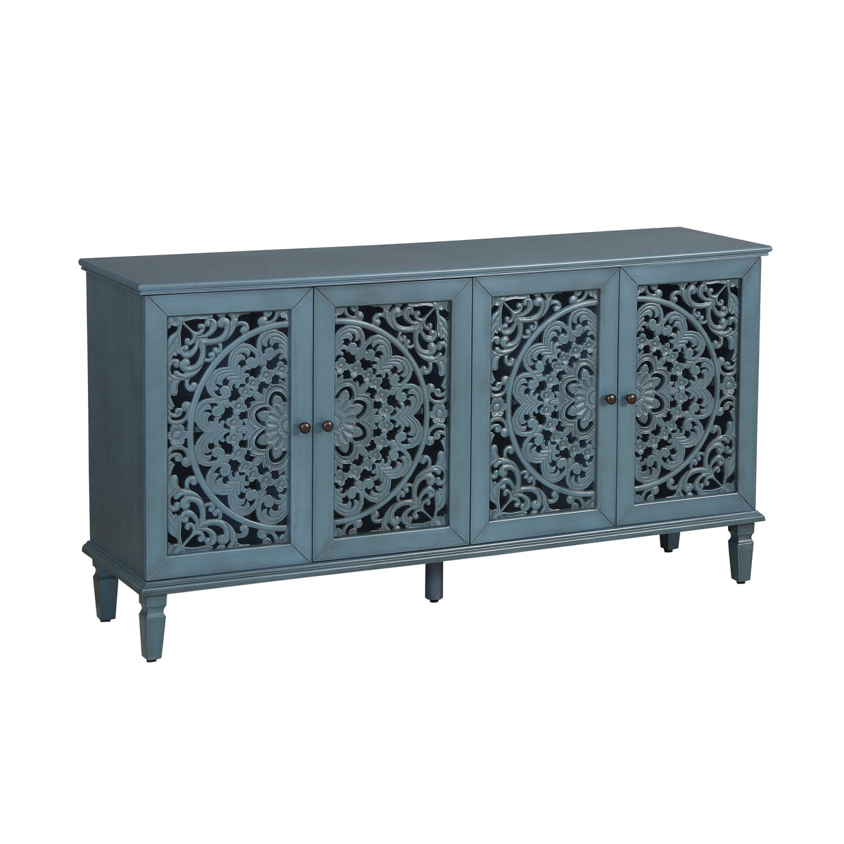 Antique Blue Buffet Cabinet with Floral Carvings and Adjustable Shelves
