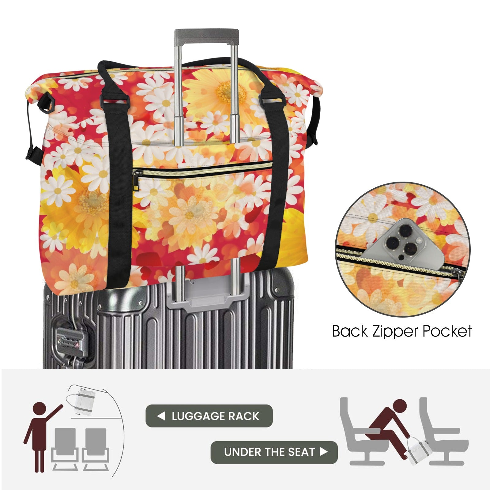 Hearts & Daisies Large Travel Bag - Carry-On with Trolley Sleeve