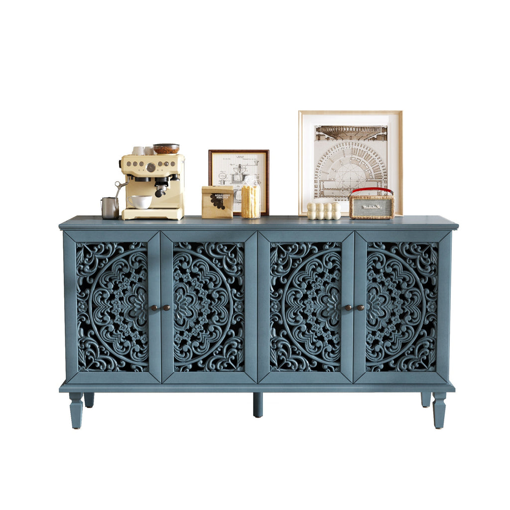 Antique Blue Buffet Cabinet with Floral Carvings and Adjustable Shelves