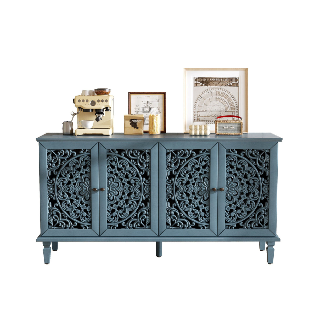 Antique Blue Buffet Cabinet with Floral Carvings and Adjustable Shelves