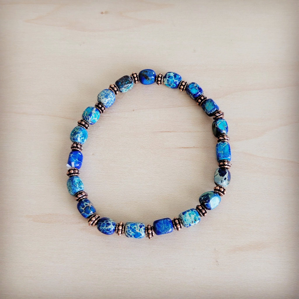 Genuine Regalite and Copper Stretch Beaded Bracelet Denim 812f
