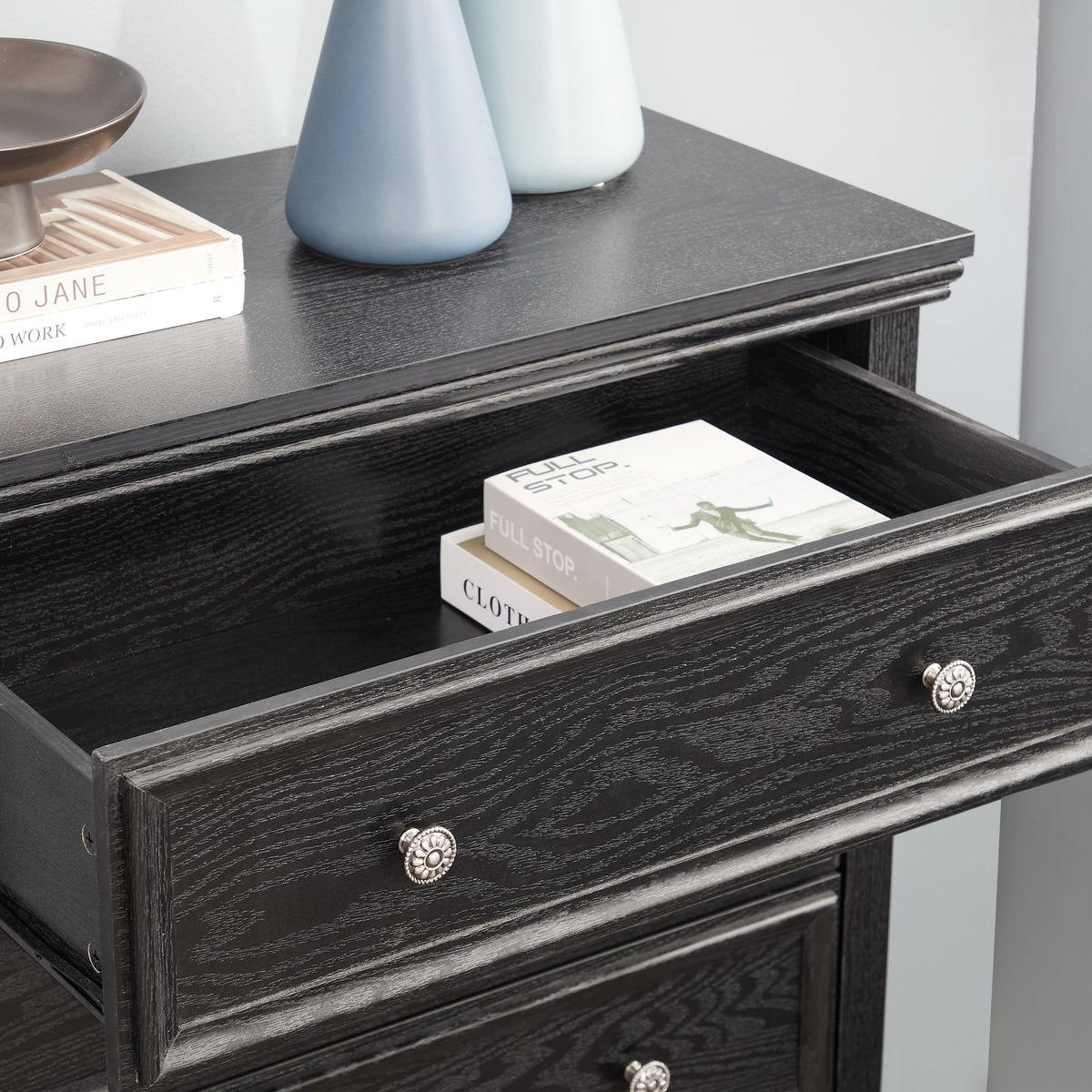 Modern 5-Drawer Black Dresser with Metal Handles - Black