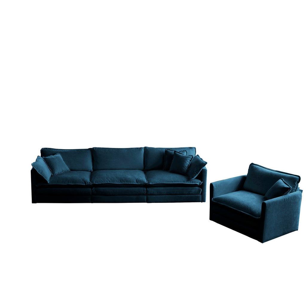 Blue Chenille 2-Piece Upholstered Sectional Sofa Set with Solid Wood Frame