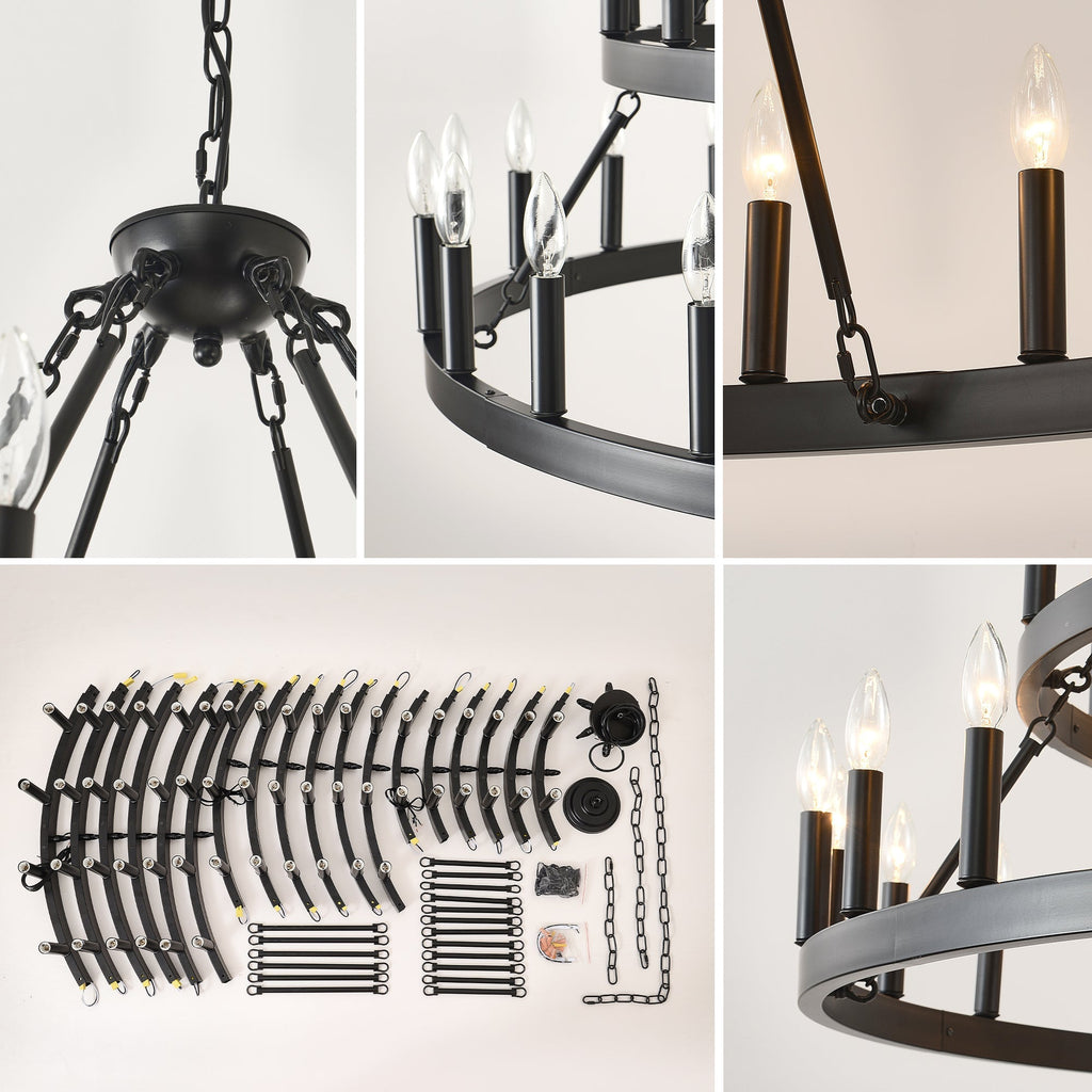 3 Tiers Wagon Wheel Chandelier - 54-Light Matte Black Metal