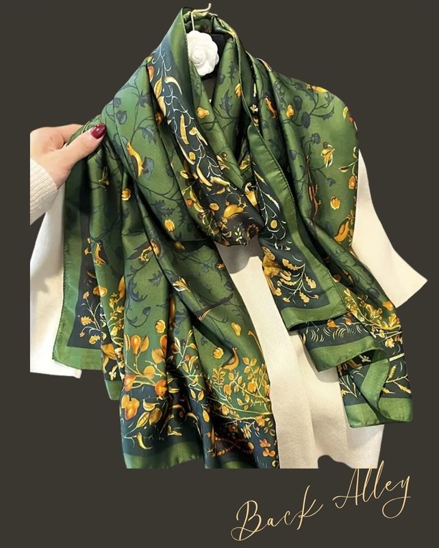 Large Green Bird Print Bohemian Satin Scarf