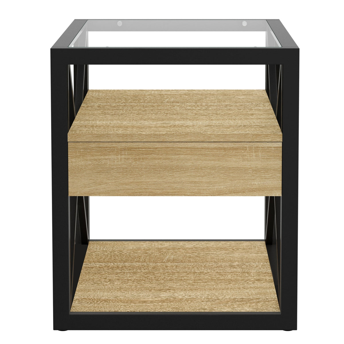 Modern End Tables with Drawer - Set of 2 Nightstands with Tempered Glass Top