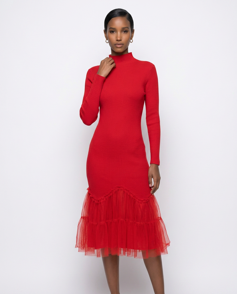 Ruby Rib-Knit Tulle-Hem Dress