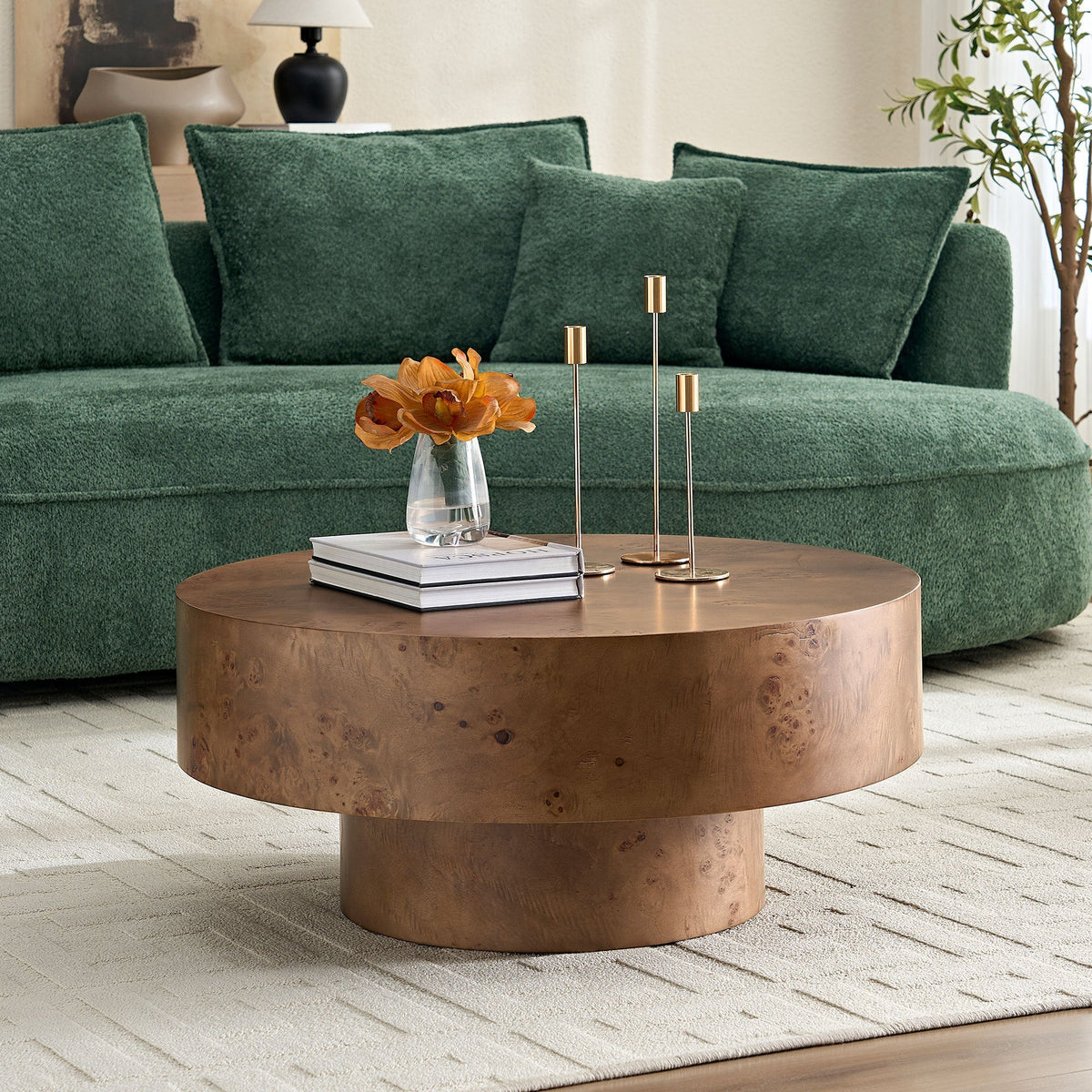 Walnut Burl Wood Veneer Round Coffee Table with Pedestal Base - Walnut
