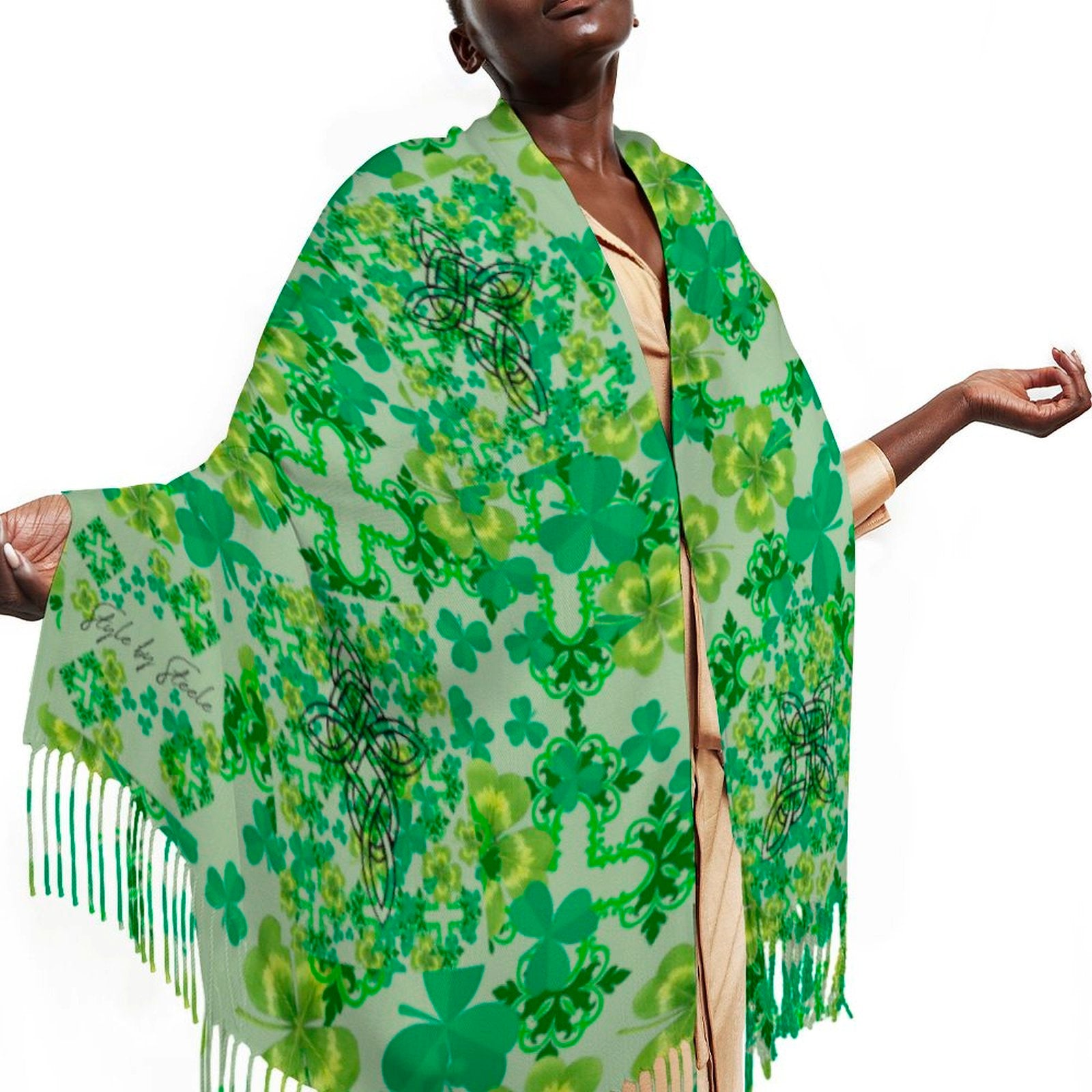 Clover and Celtic Crosses Tassel Scarf - Exclusive to Back Alley