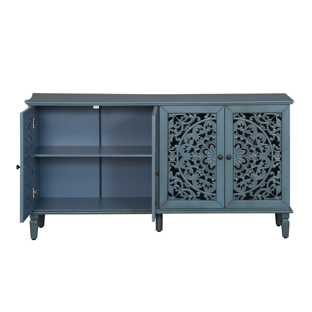 Antique Blue Buffet Cabinet with Floral Carvings and Adjustable Shelves