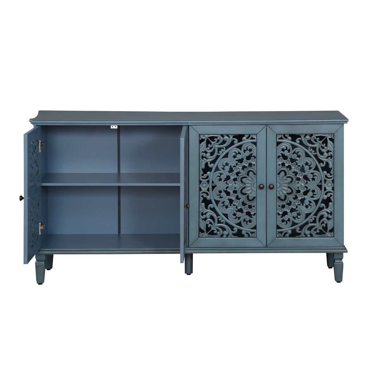 Antique Blue Buffet Cabinet with Floral Carvings and Adjustable Shelves