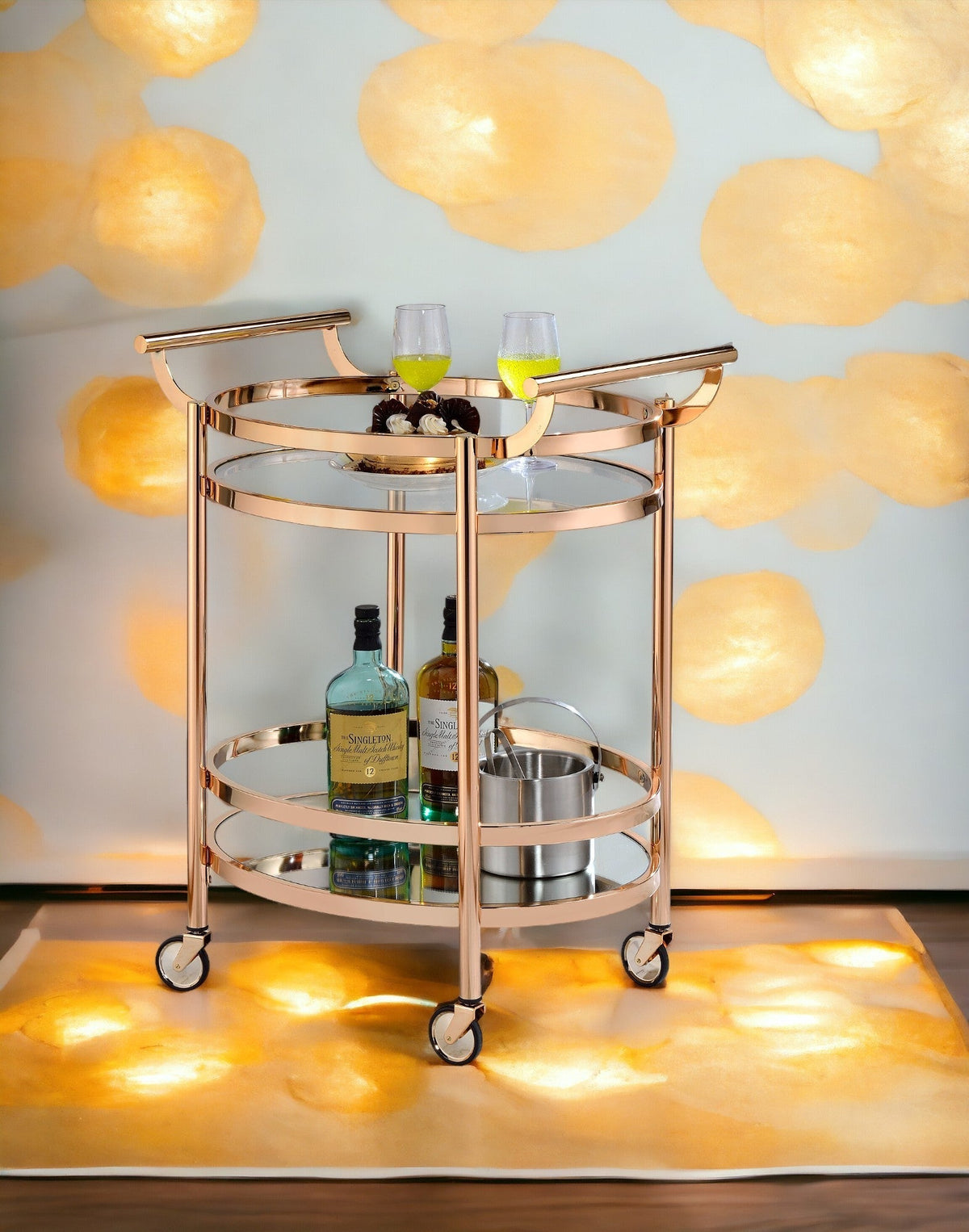 Lakelyn Clear Glass & Rose Gold Finish Serving Cart with 2 Shelves