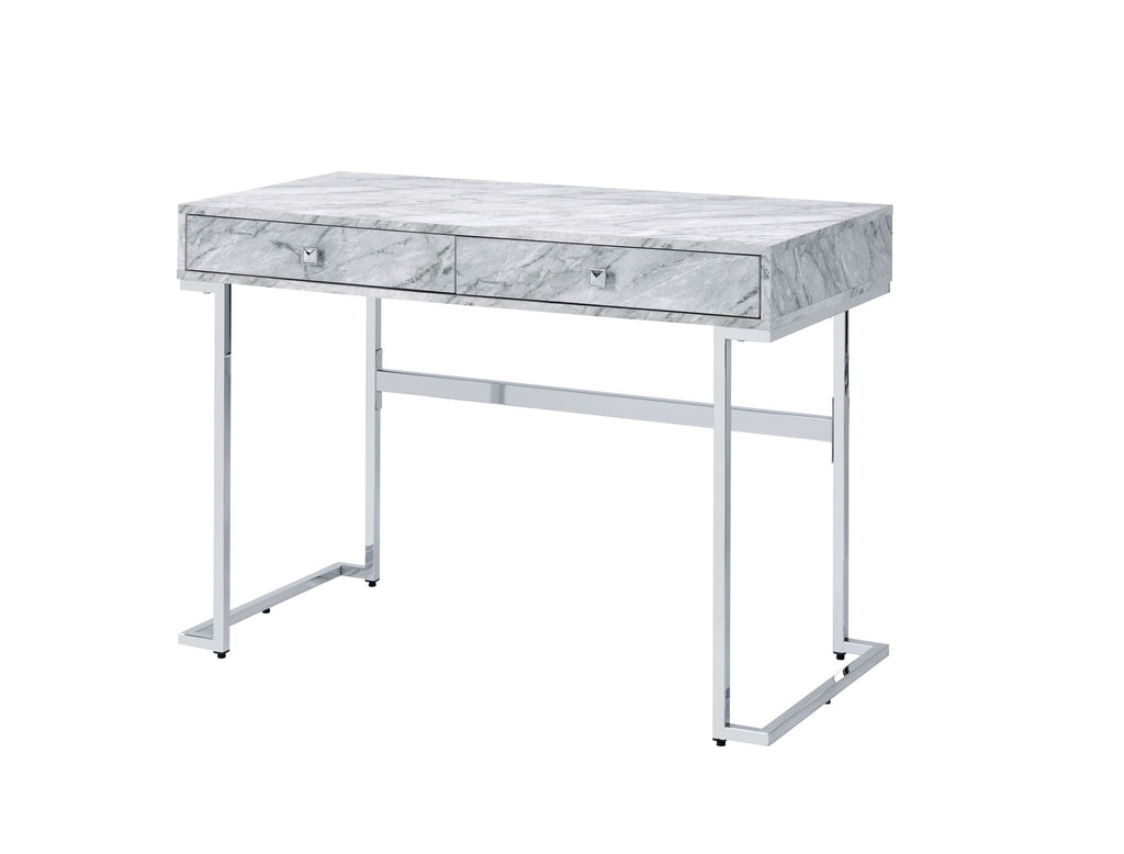 White Faux Marble Writing Desk with Storage Drawers - White