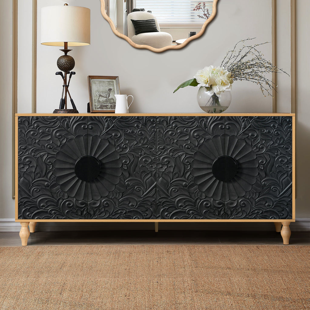 Black Carved Door TV Stand with Adjustable Shelves - Black & Natural