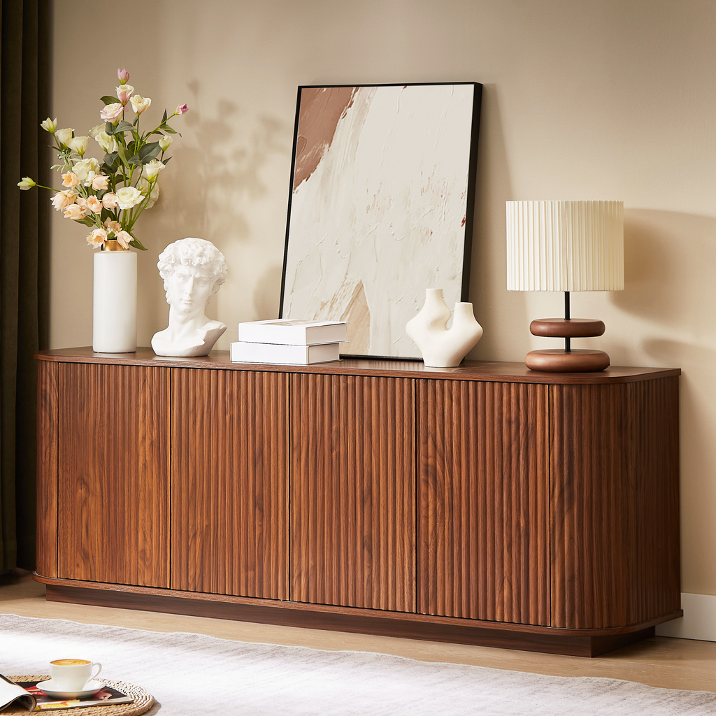 Walnut Sideboard Storage Cabinet with Wave Pattern - 64" Wide