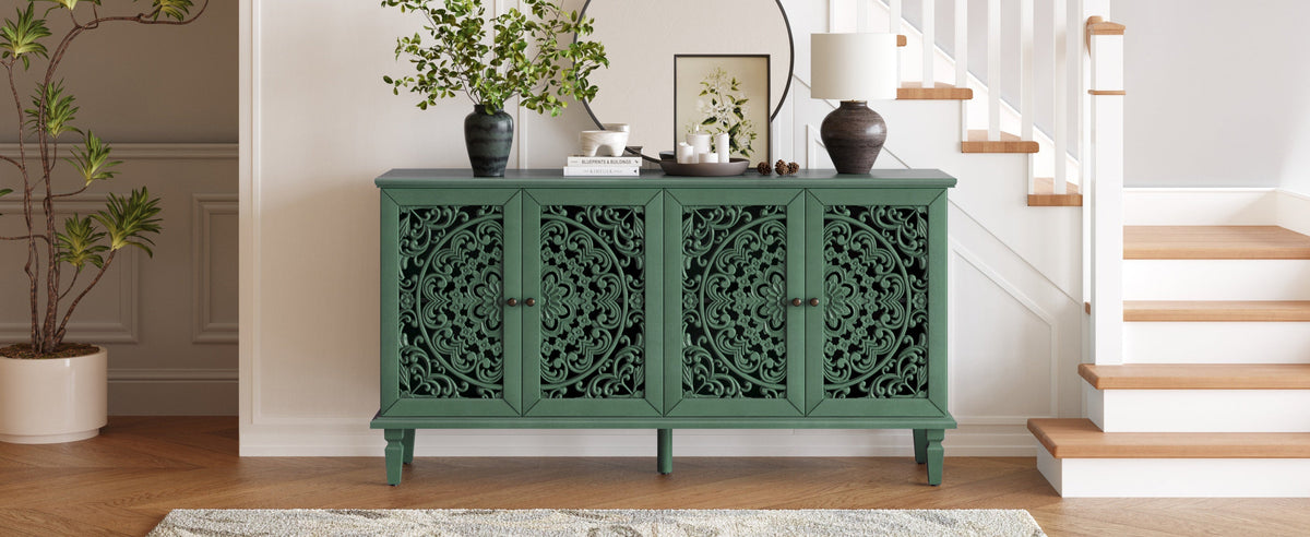 60-Inch Antique Buffet Cabinet with Floral Carvings - Antique Green
