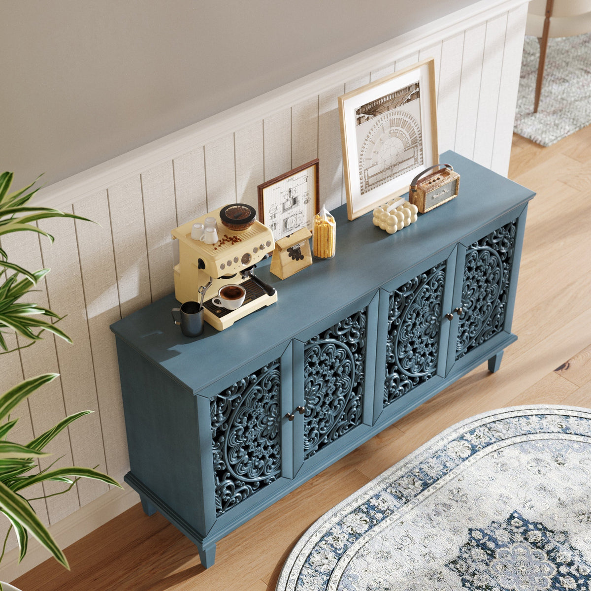 Antique Blue Buffet Cabinet with Floral Carvings and Adjustable Shelves