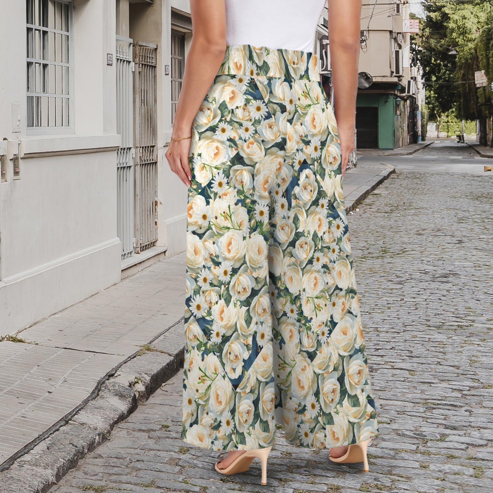 Floribunda and Indigo - Roses and Daisies  Wide Leg Pants - Back Alley Exclusive