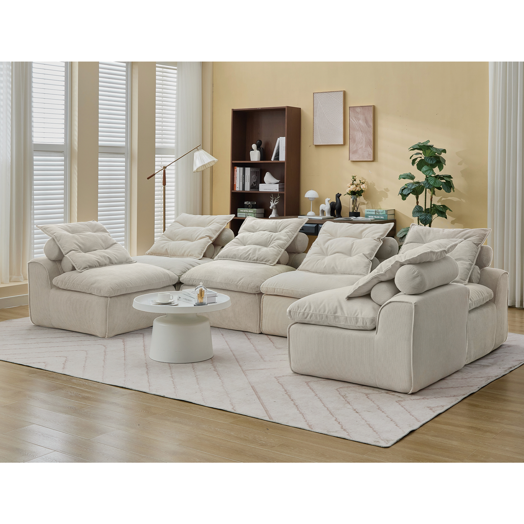 Modular Sofa 6-Piece Set with Neck & Waist Pillows - Beige Corduroy
