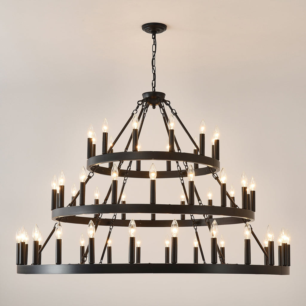 3 Tiers Wagon Wheel Chandelier - 54-Light Matte Black Metal