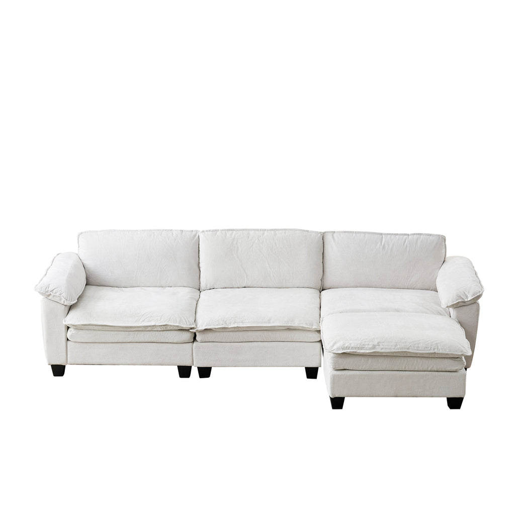 L Shape Living Room Sofa with Ottoman in Soft Chenille Beige