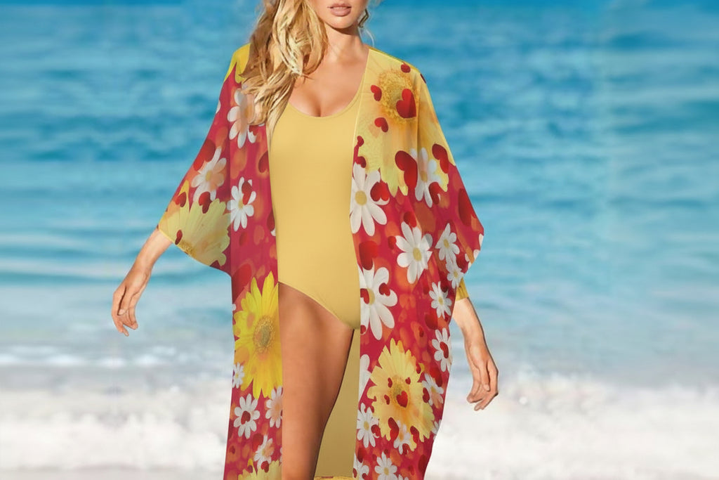 Hearts and Daisies Long Chiffon Kimono - Exclusive Designer Line