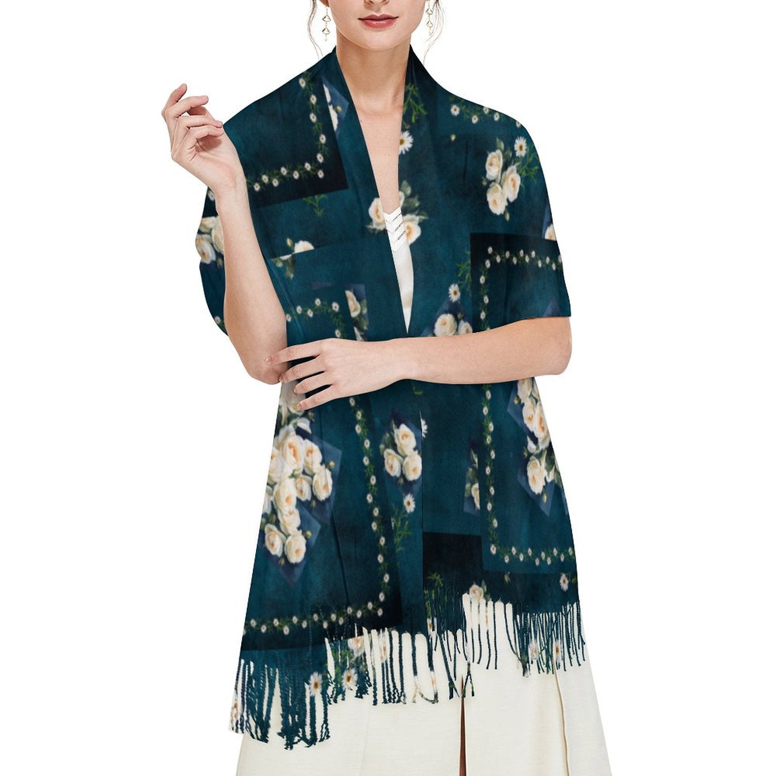 Floribunda & Indigo Panel Tassel Scarf - Exclusive Design