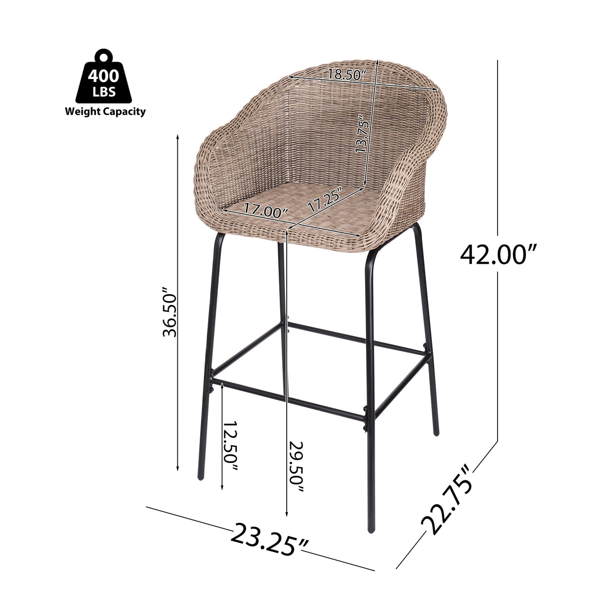 Light Brown Outdoor Metal Wicker Barstool Set of 2 with Iron Frames