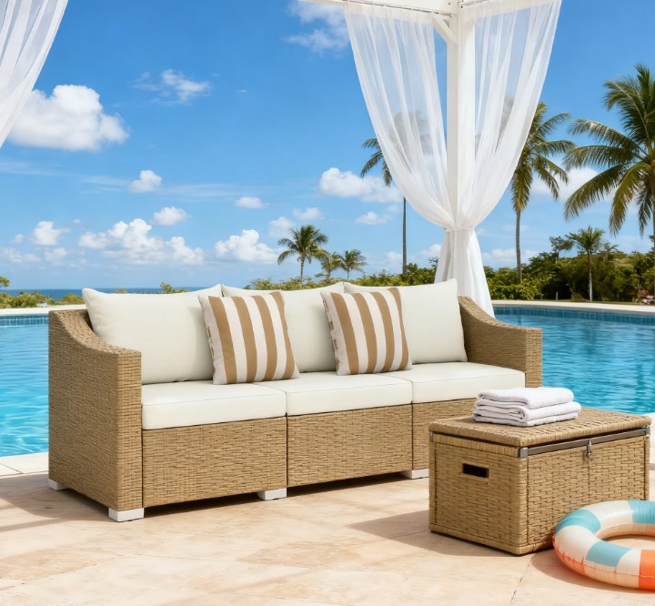 Outdoor Rattan Sofa with Cushions and Throw Pillows - Natural