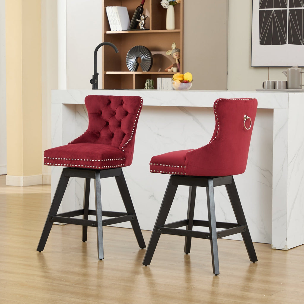 Swivel Velvet Barstools with Button Tufted Decoration - Set of 2 with 360° Swivel - Wine Red