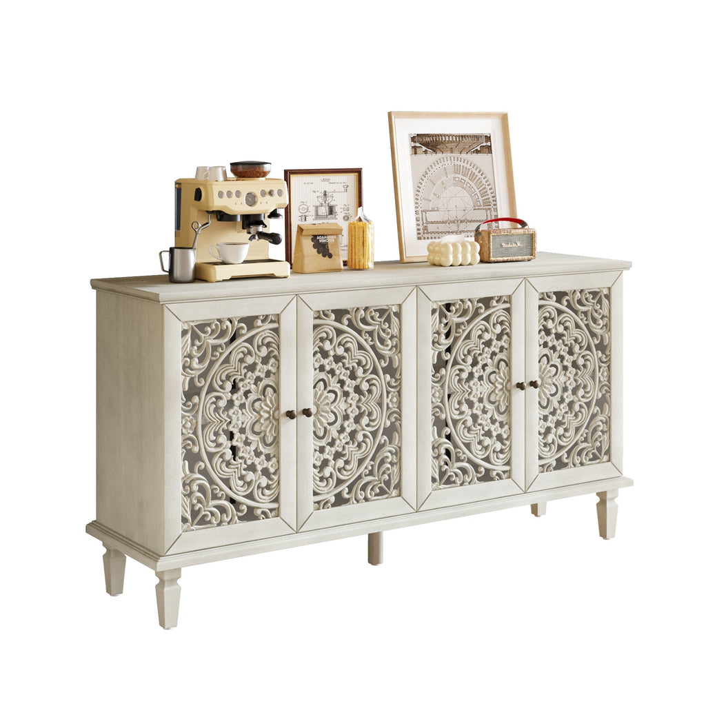 Antique Buffet Cabinet with Floral Carvings and Solid Wood Legs - Antique Grey White