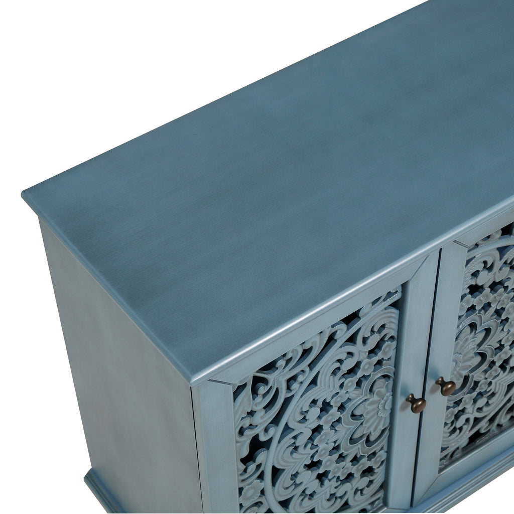 Antique Blue Buffet Cabinet with Floral Carvings and Adjustable Shelves