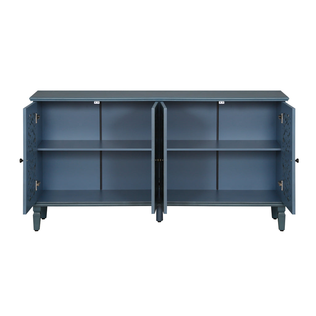 Antique Blue Buffet Cabinet with Floral Carvings and Adjustable Shelves