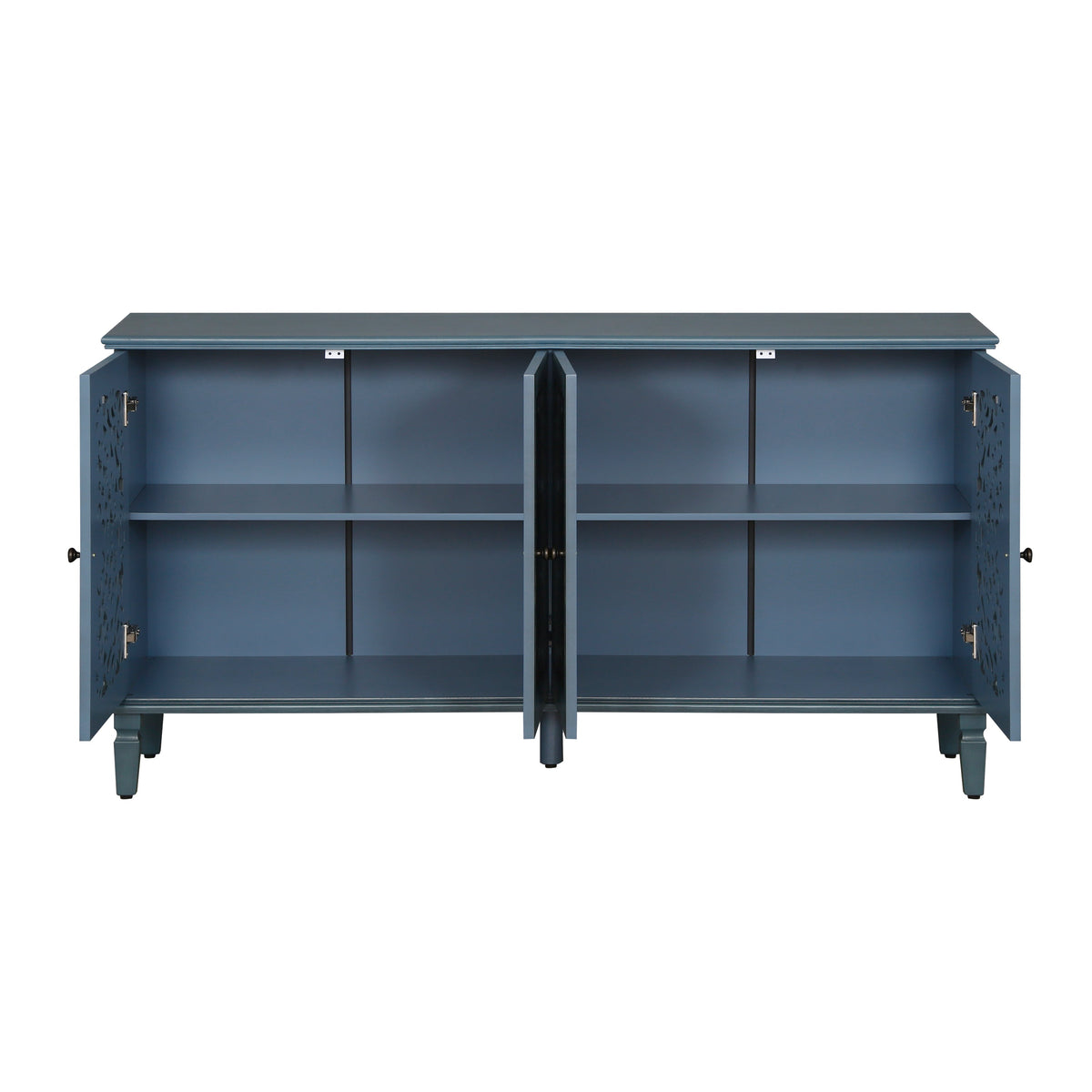 Antique Blue Buffet Cabinet with Floral Carvings and Adjustable Shelves