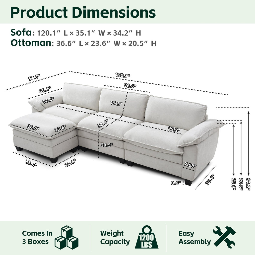 L Shape Living Room Sofa with Ottoman in Soft Chenille Beige