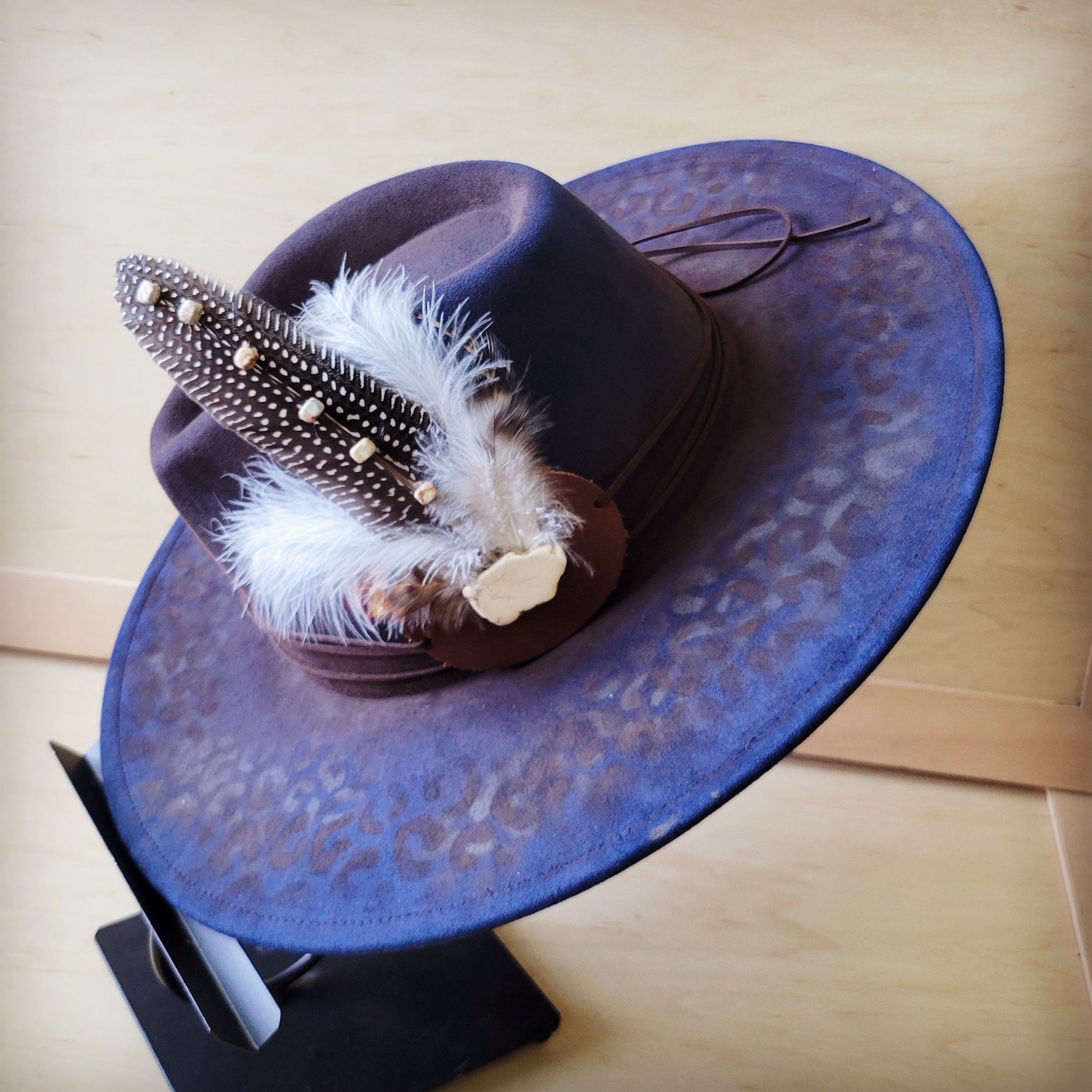 Hand-Painted Leopard Boho Western Cowgirl Hat & Band-Navy 987L