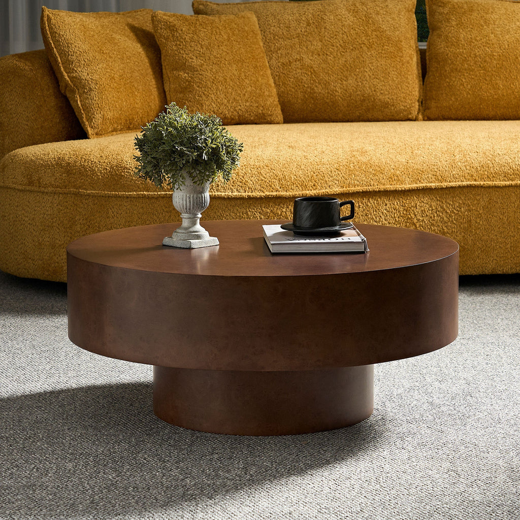 Faux Burl Wood Round Coffee Table with Sturdy Pedestal - Walnut