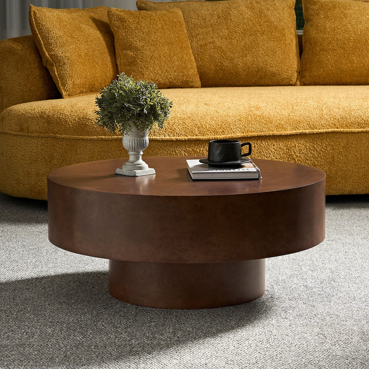 Faux Burl Wood Round Coffee Table with Sturdy Pedestal - Walnut