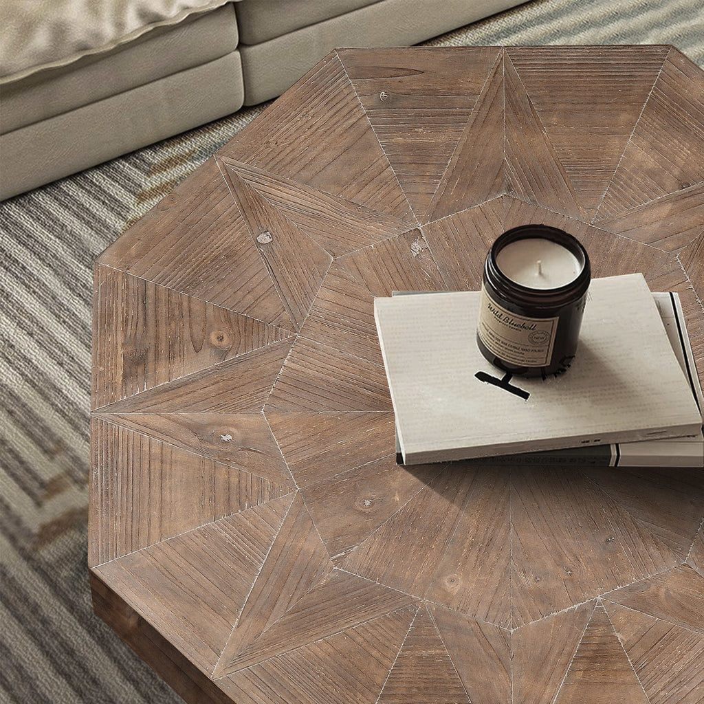 Wood Octagonal Vintage Patchwork Coffee Table with Metal Frame - Antique Brown