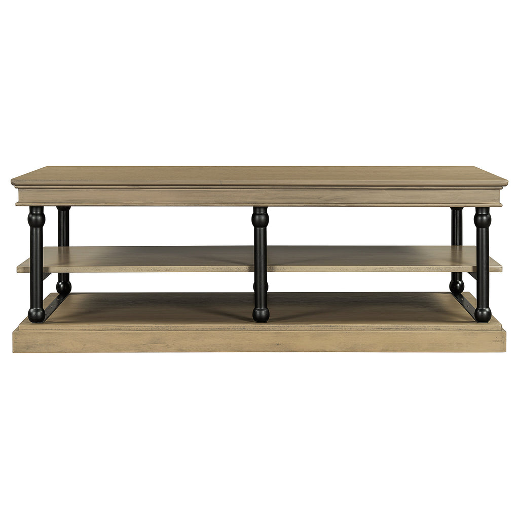 Wood Coffee Table with Black Legs and Open Storage Shelves - Brown