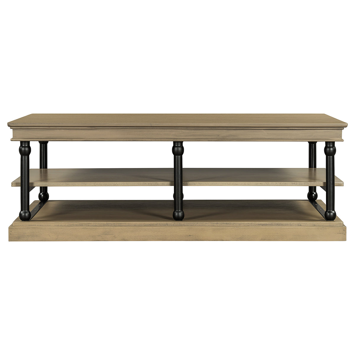 Wood Coffee Table with Black Legs and Open Storage Shelves - Brown