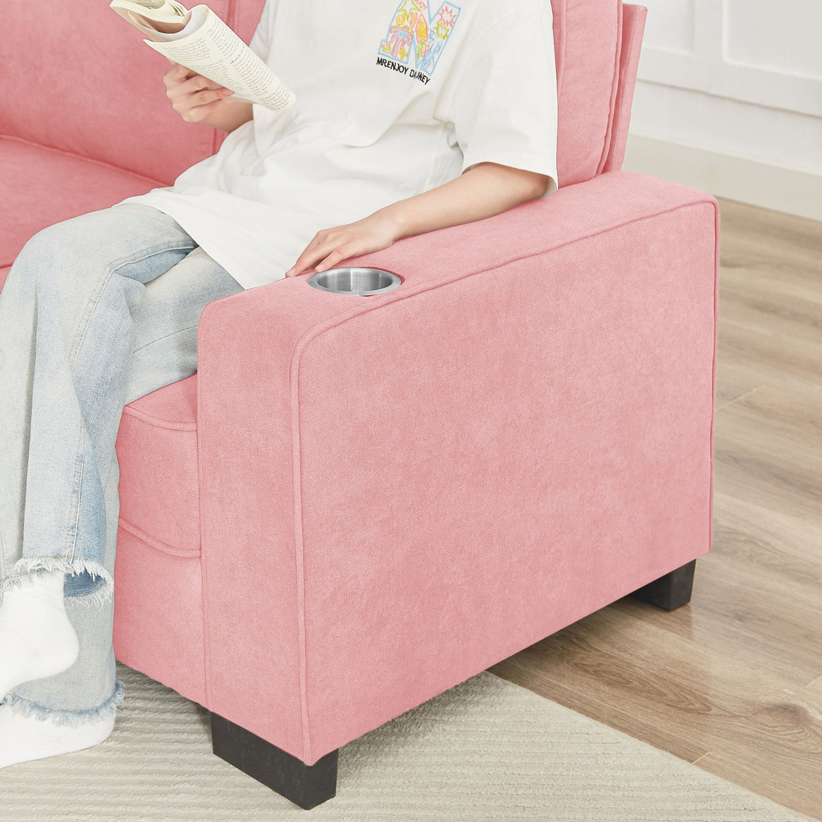 Modern Snowfleece Fabric 3 Seater Sofa With Cup Holder