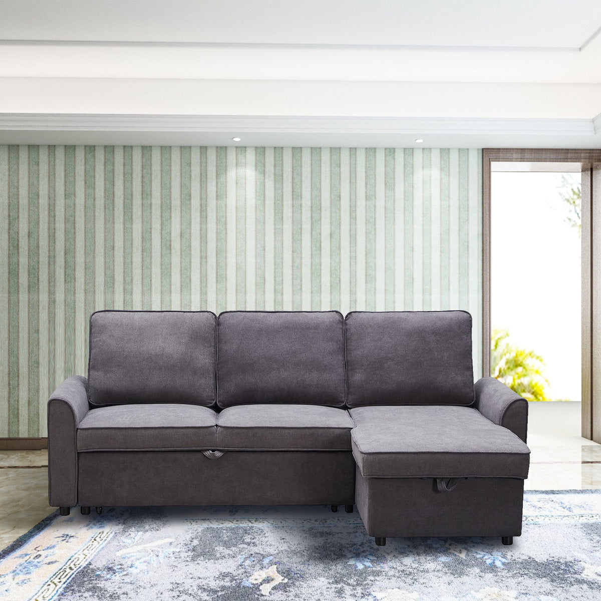 Modern Modular L-Shaped Sofa Bed with Chaise - Dark Grey Linen