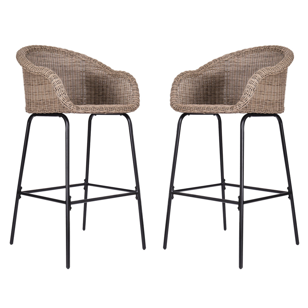 Light Brown Outdoor Metal Wicker Barstool Set of 2 with Iron Frames
